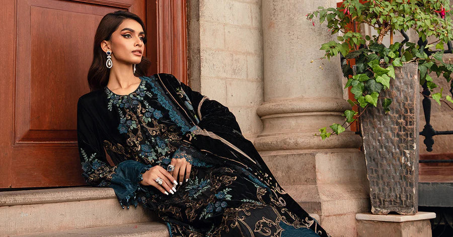 3 Piece Unstitched Embroidered Velvet Suit | DL-1208