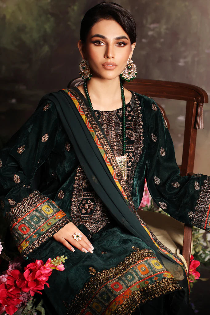 3 Pc Stitched Embroidered Velvet With Embroidered Chiffon Dupatta