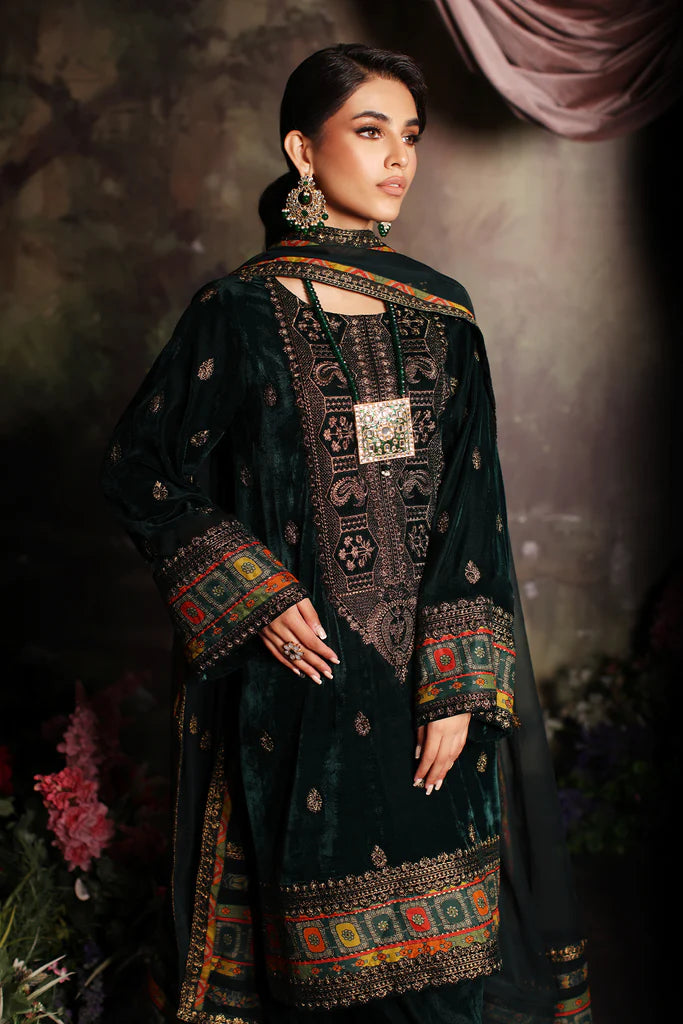 3 Pc Stitched Embroidered Velvet With Embroidered Chiffon Dupatta