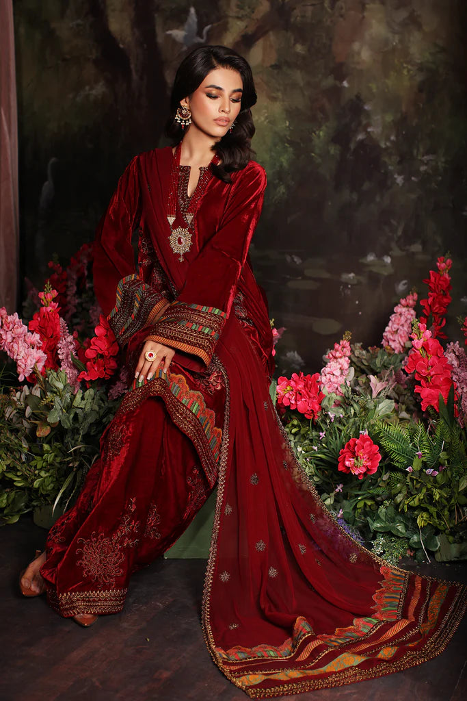 3 Pc stitched Embroidered Velvet With Embroidered Chiffon Dupatta CVT3-03